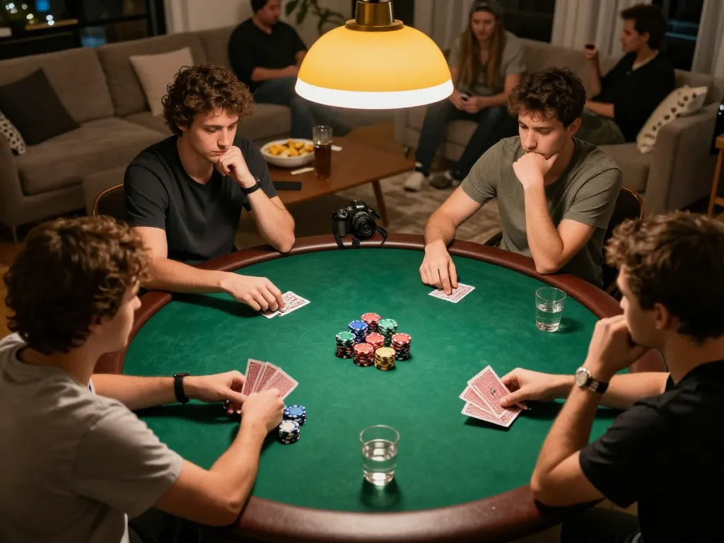 Players enjoying a lively poker game at home, showcasing mm88star's casual gambling environment.