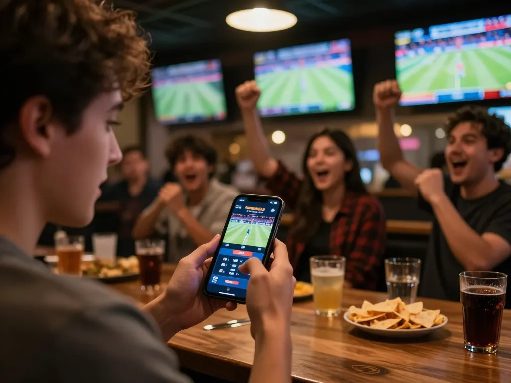 Sky88 user placing live sports bets on smartphone in a lively sports bar.