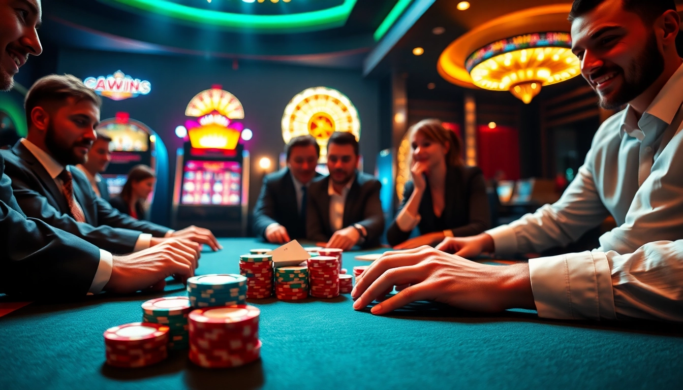Players engaging in a thrilling poker game at 32WIN casino, showcasing vibrant chips and excitement.