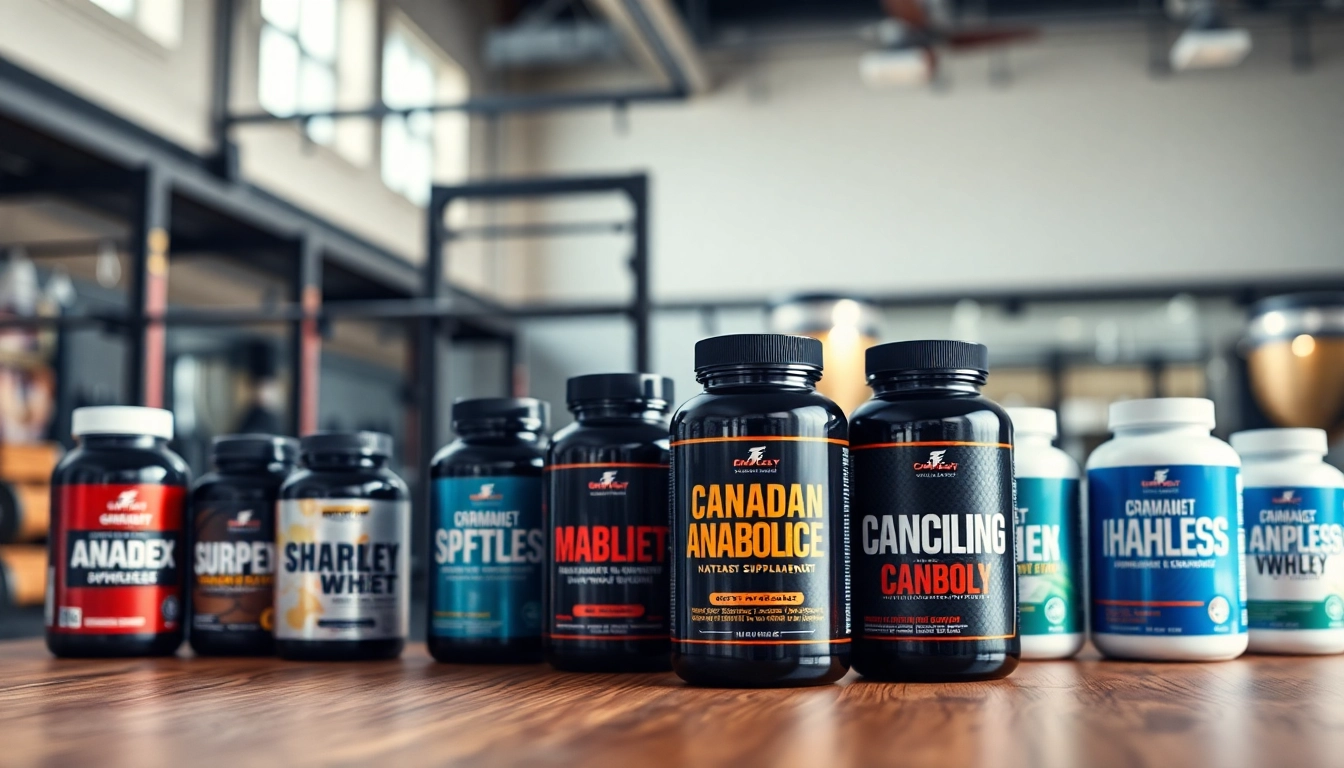 Showcase of Canadian anabolics on a gym table highlighting health and fitness.