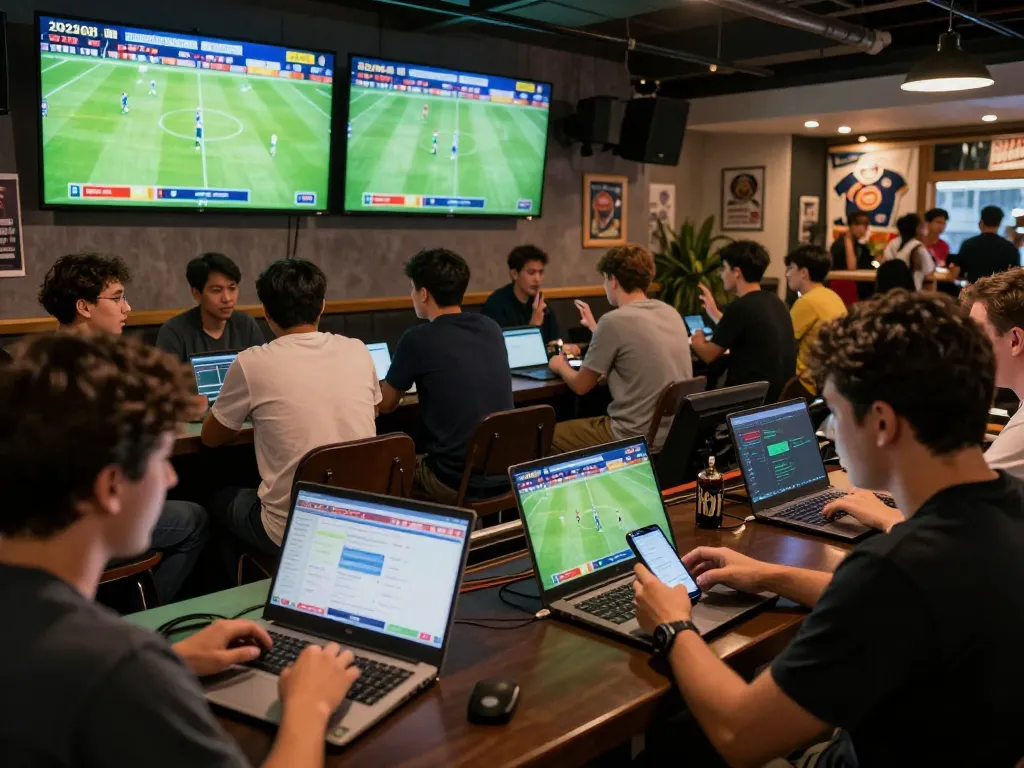 Betters excitedly analyzing kèo nhà cái trực tiếp during live sports event in modern bar