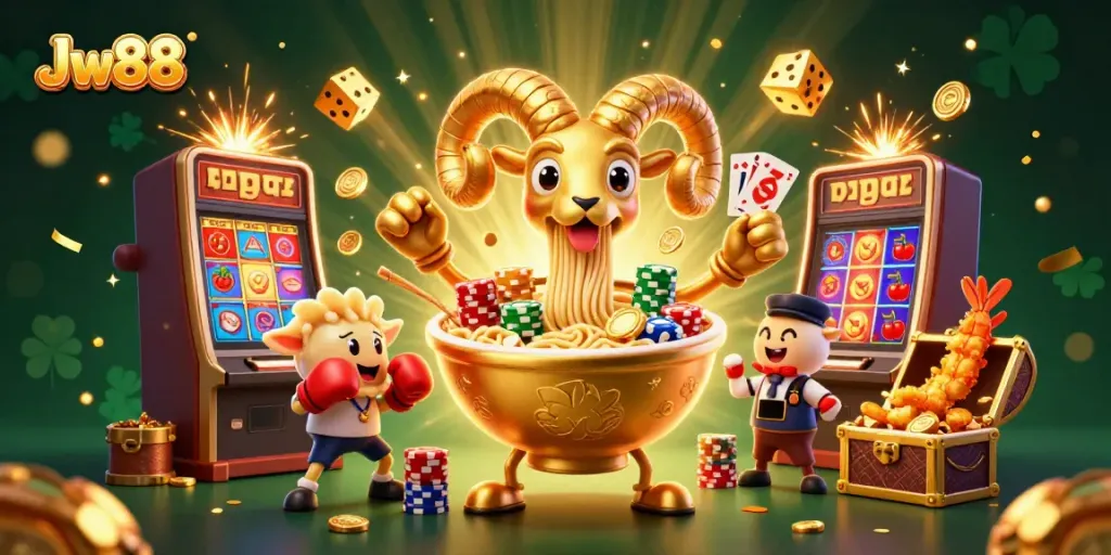 Engage in epic gambling action with Jw88's dynamic casino characters and bursting slot machine visual.