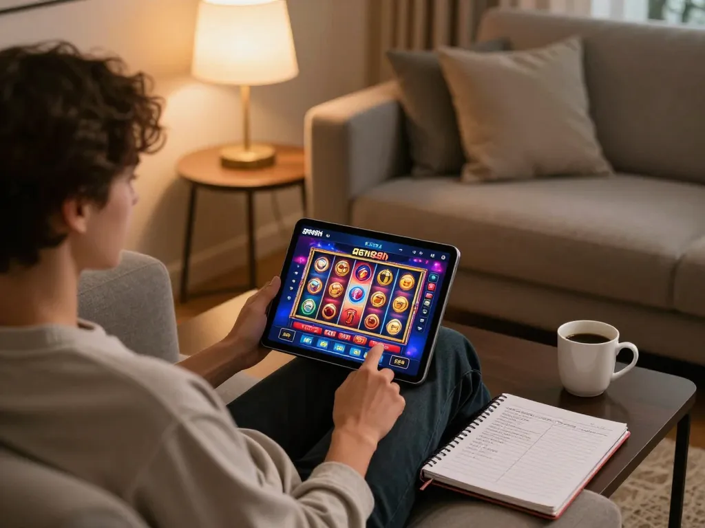 A player engages with the gen88h online casino app on a tablet in a cozy home setting.