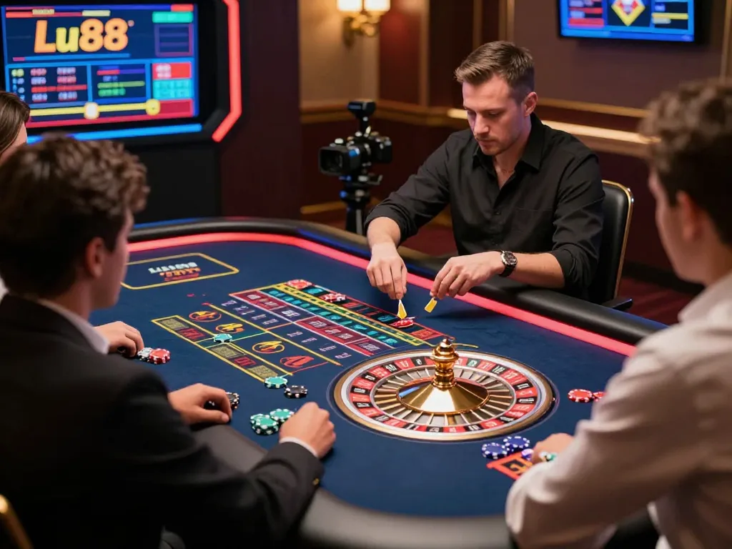 Players engaging with Lu88 online roulette, betting chips and vibrant screen highlighting dynamic gameplay.