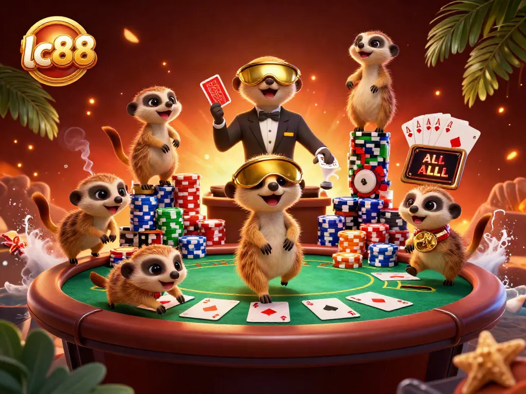 Engage in thrilling action at lc88's vibrant casino with meerkats overseeing poker excitement.