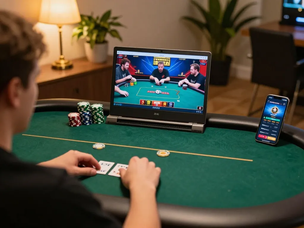 Engaged player strategizing in TG88 online poker game with vibrant laptop setup
