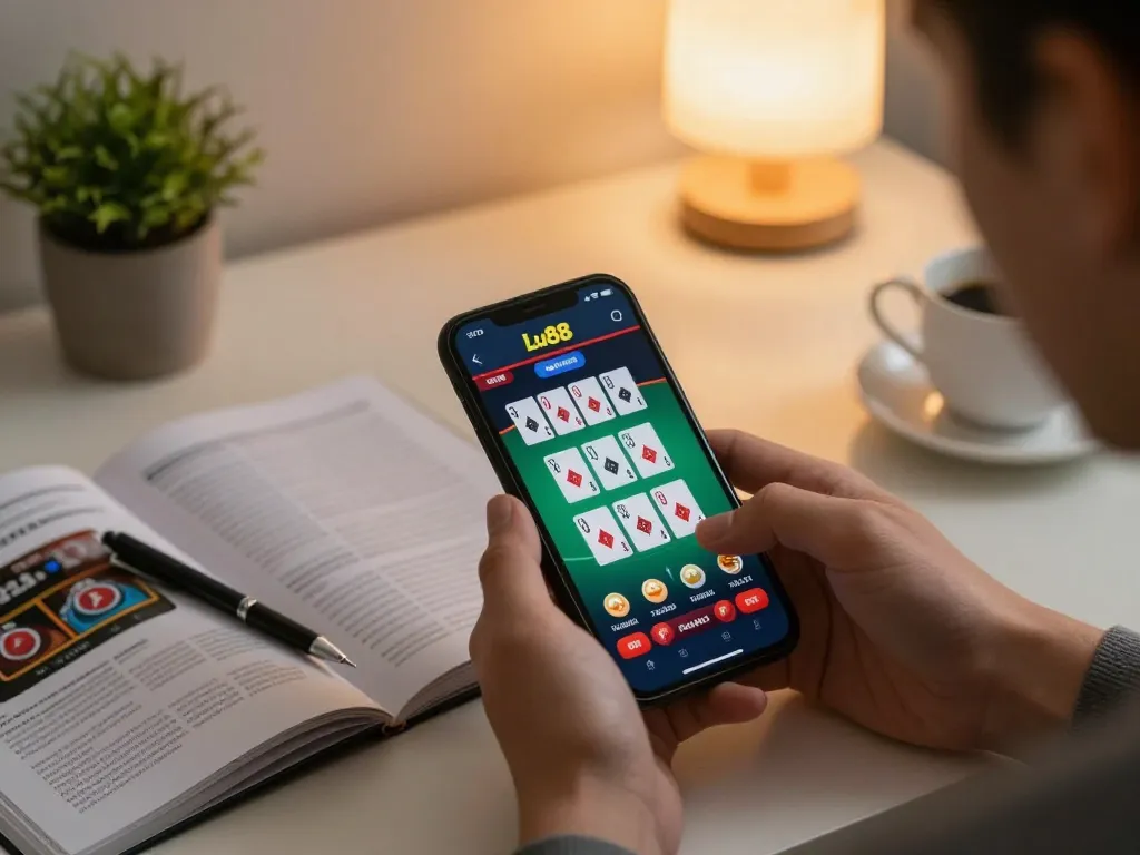 Lu88 gaming experience on smartphone featuring live dealer blackjack, relaxed home setting with personal touches.