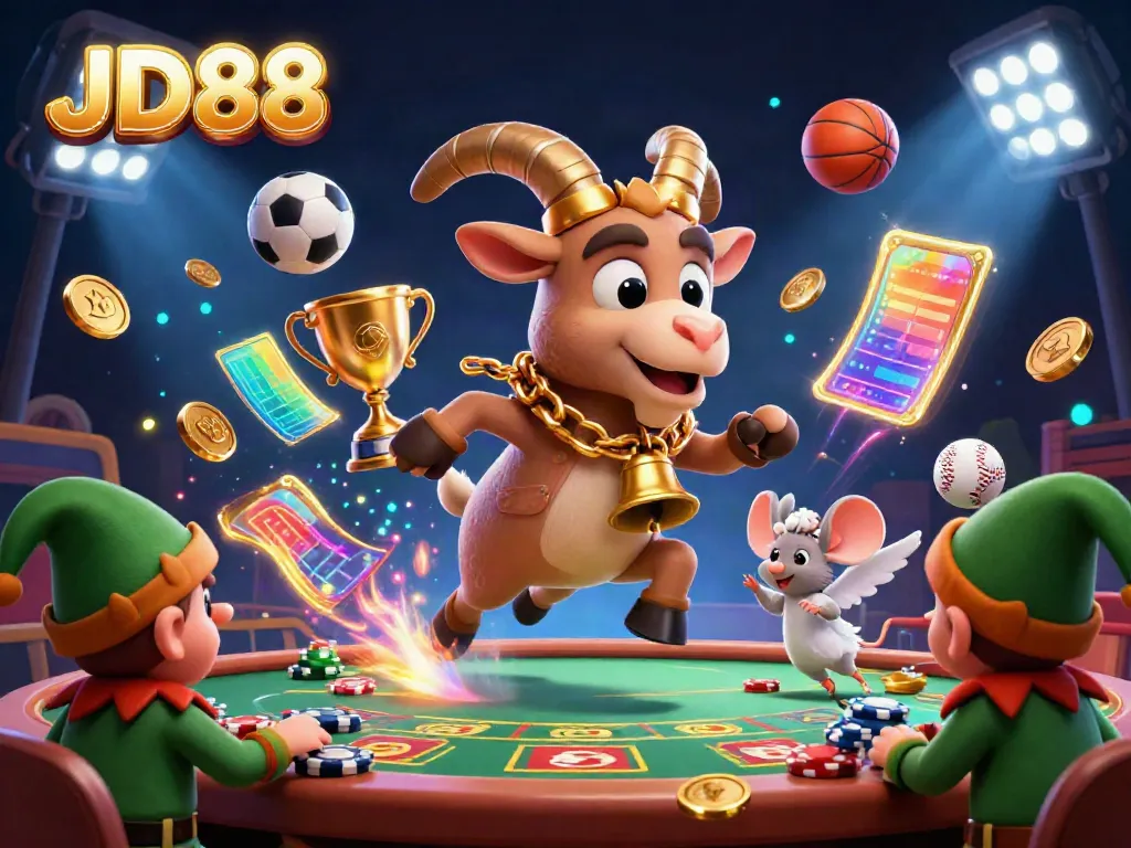 Experience thrilling gameplay at JD88 casino with lively characters stealing poker chips amid sports elements.