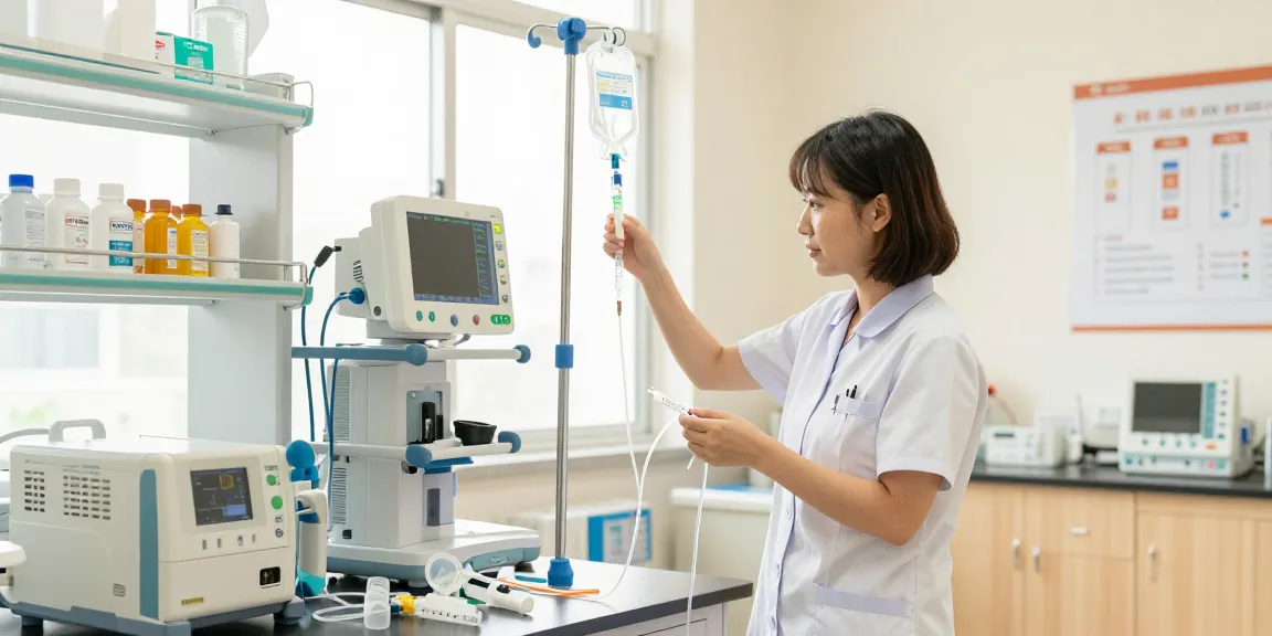 Healthcare professional assembling IV supplies in a bright clinical environment.