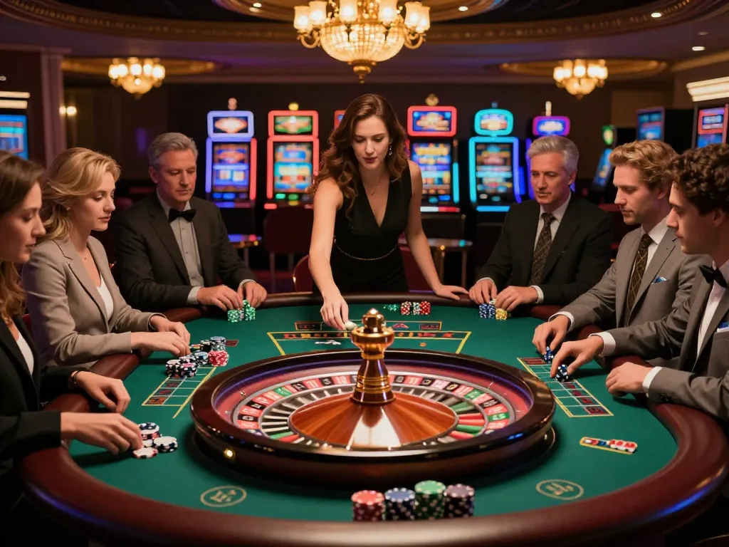 UU88 players placing strategic bets at a roulette table in an upscale casino.