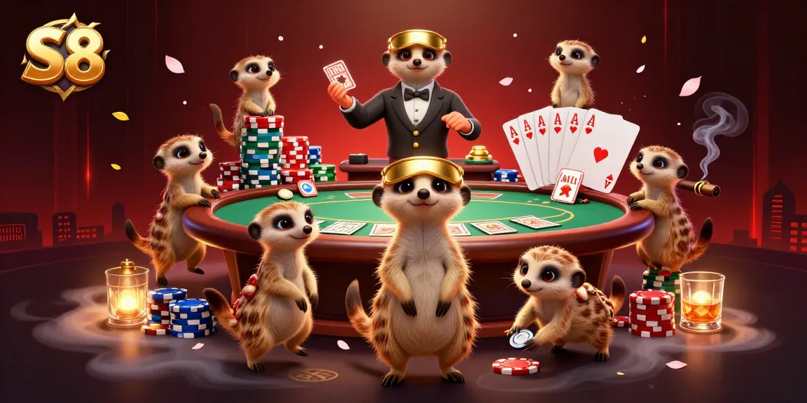 S8 casino meerkats enthusiastically dealing cards and managing chips in a vibrant, dynamic 3D scene.