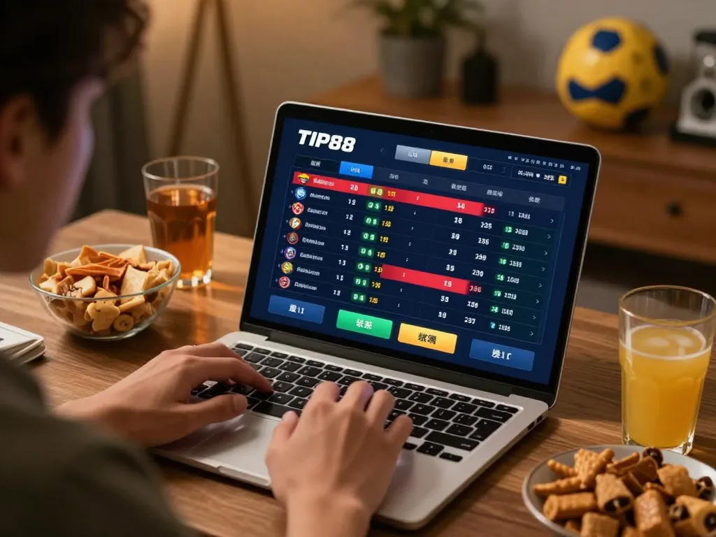 Engaged user placing bets on TIP88 sports interface during home gaming session.