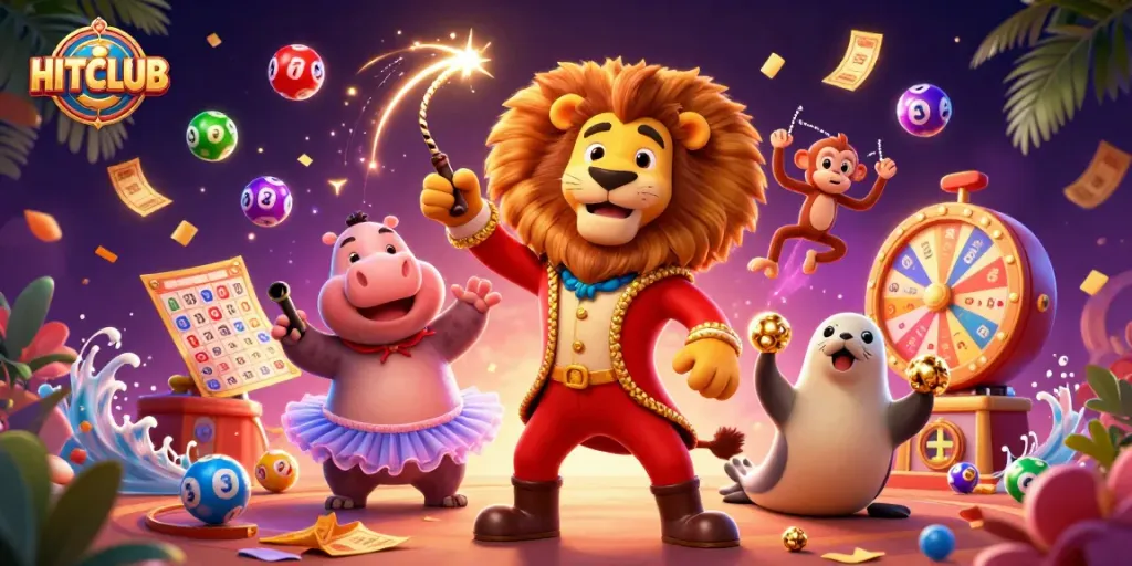 Join the excitement at HITCLUB with vibrant lottery elements and animated casino characters!