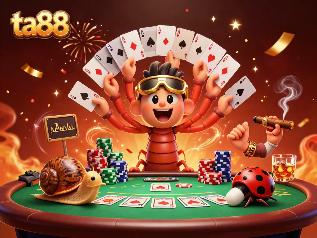 Experience thrilling moments at ta88 with a cartoon millipede dealer and high-roller snail amidst colorful poker chips and cards.