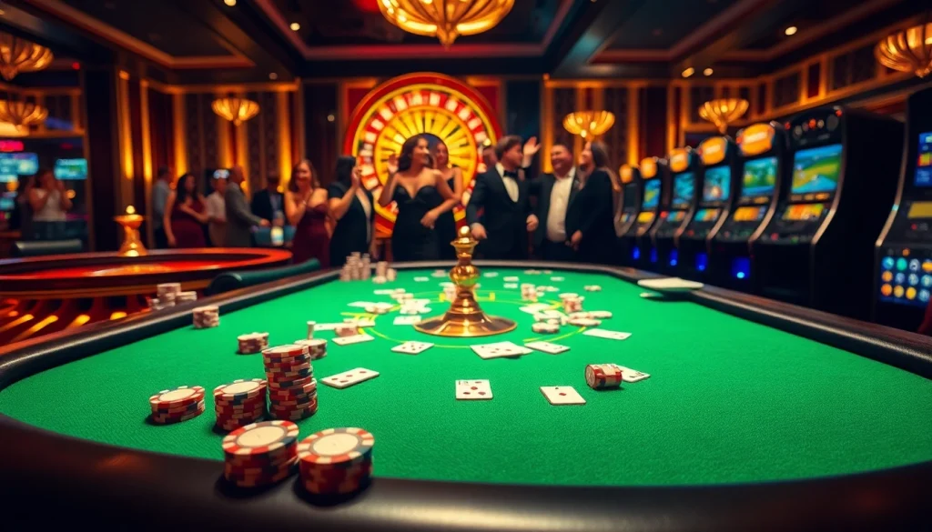 Experience the excitement of Mm88 as players celebrate wins at an upscale casino table.