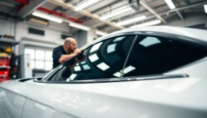 Applying ceramic window tint to a car window, showcasing expert installation in a bright workshop.