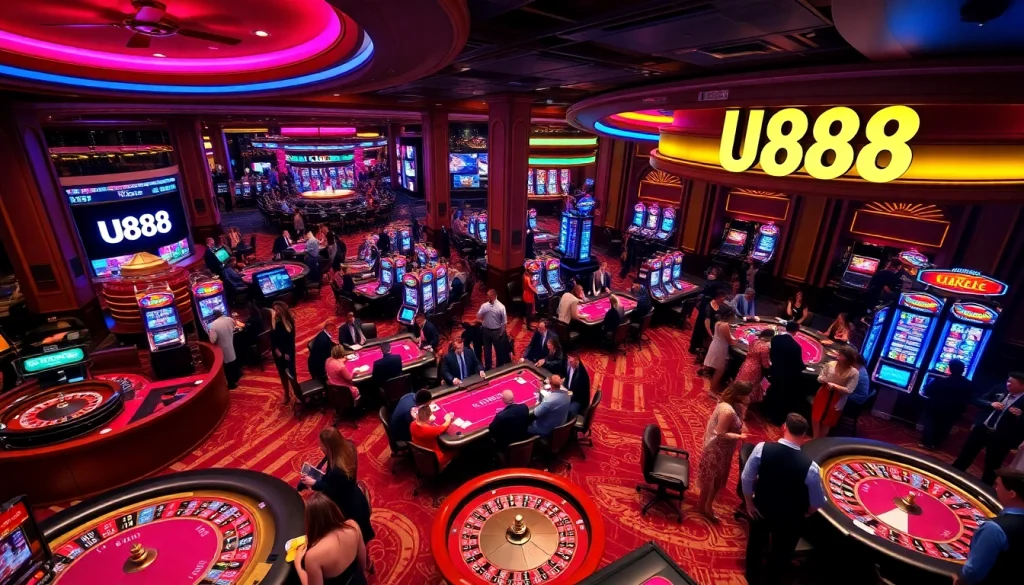 Experience the thrill of U888 with luxury casino gaming tables and vibrant slot machines.