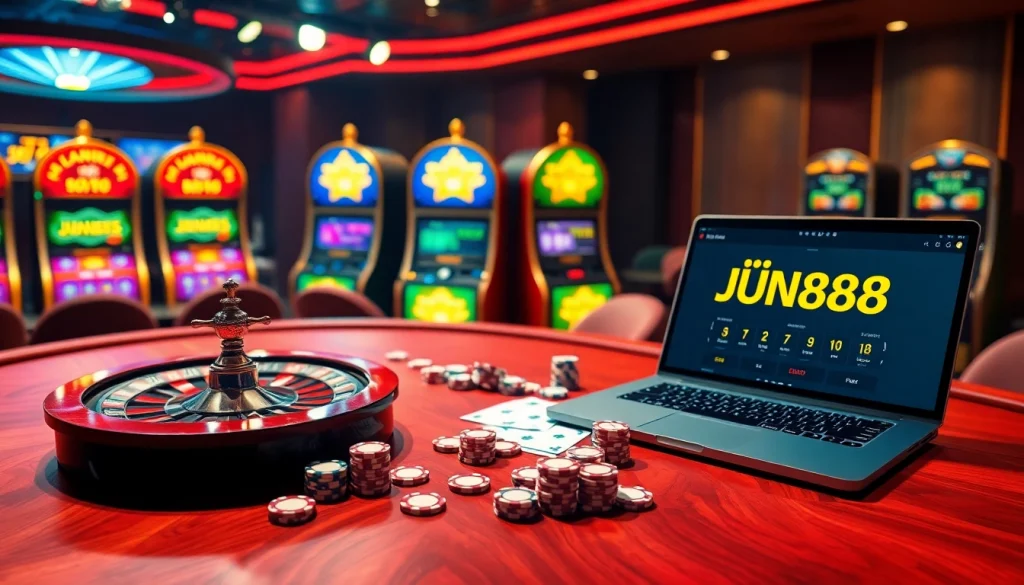 Engaging casino scene with poker, roulette, and online gambling elements from https://jun88sr.com/ showcasing excitement and luxury.