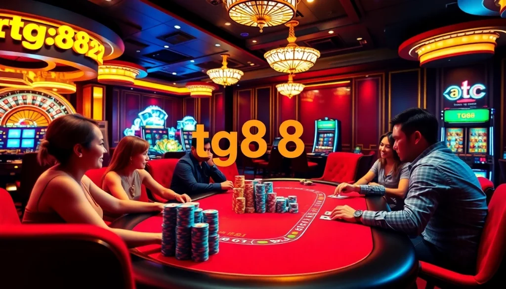 Experience the thrill of tg88 win at a lively casino, highlighting excitement around poker and roulette.