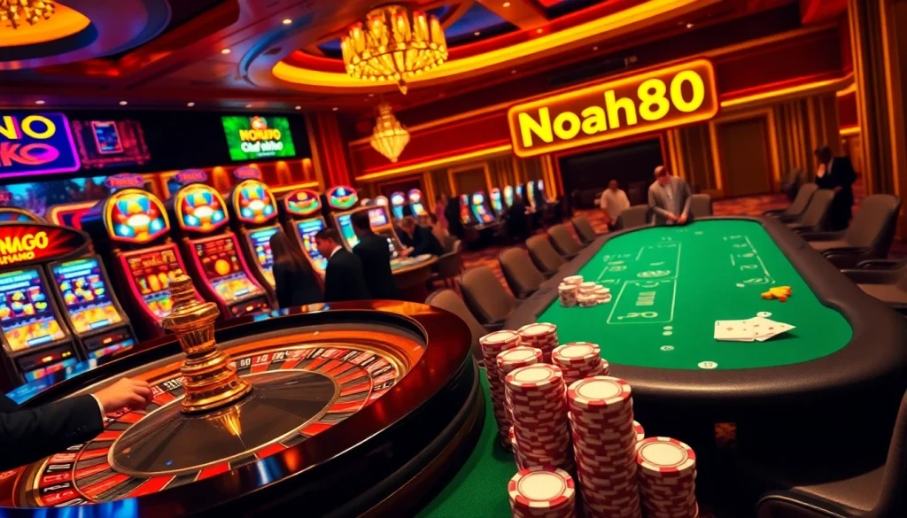 Exciting casino environment featuring Nohu90 slot machines and active roulette game.