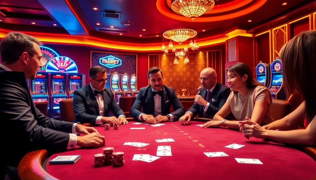 Intense poker showdown at a luxurious fabet3.com casino, showcasing poker chips and cards.