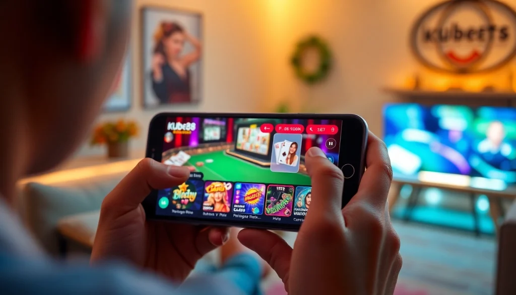 Tải App Kubet88: Trải Nghiệm Cá Cược Nhanh – Mượt – An Toàn on a smartphone showcasing vibrant betting games and promotions.