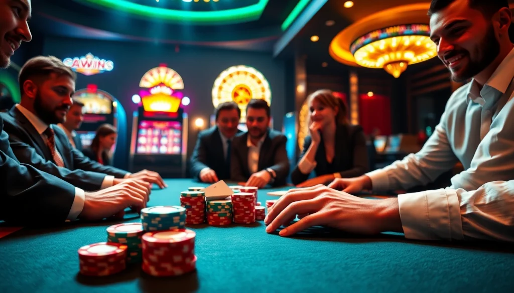 Players engaging in a thrilling poker game at 32WIN casino, showcasing vibrant chips and excitement.