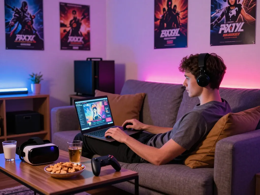 Young adult male playing xxx games on a cozy couch with snacks.