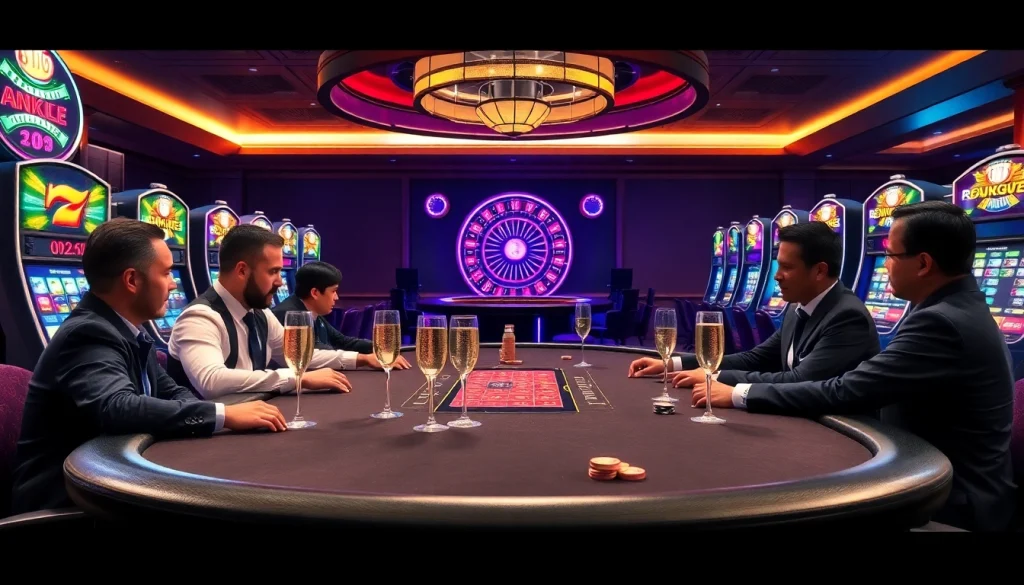 Professional poker players engaging in an NK88 high-stakes game amidst a luxurious casino backdrop.