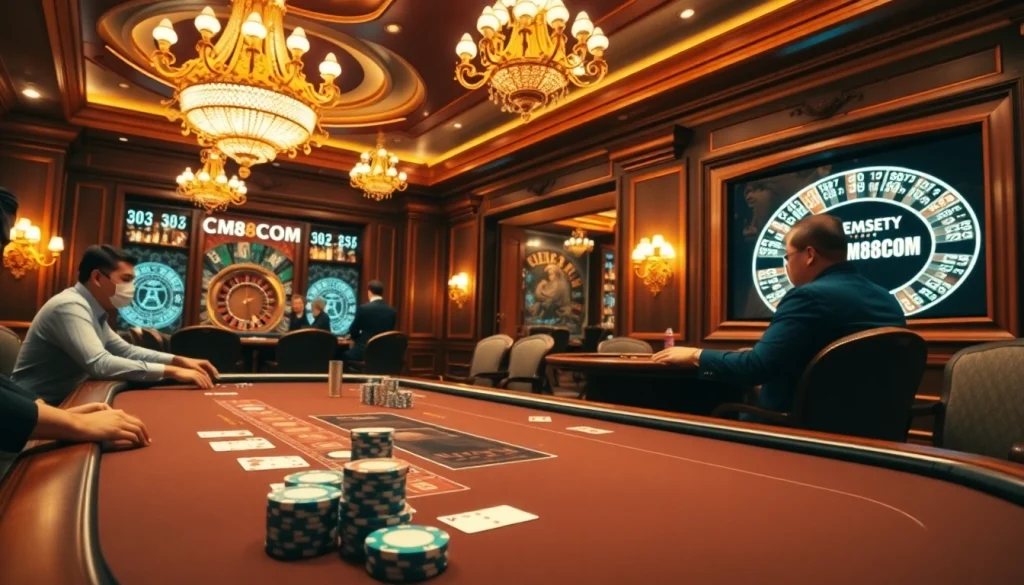 Players enjoying a high-stakes poker game at CM88COM’s luxurious casino.