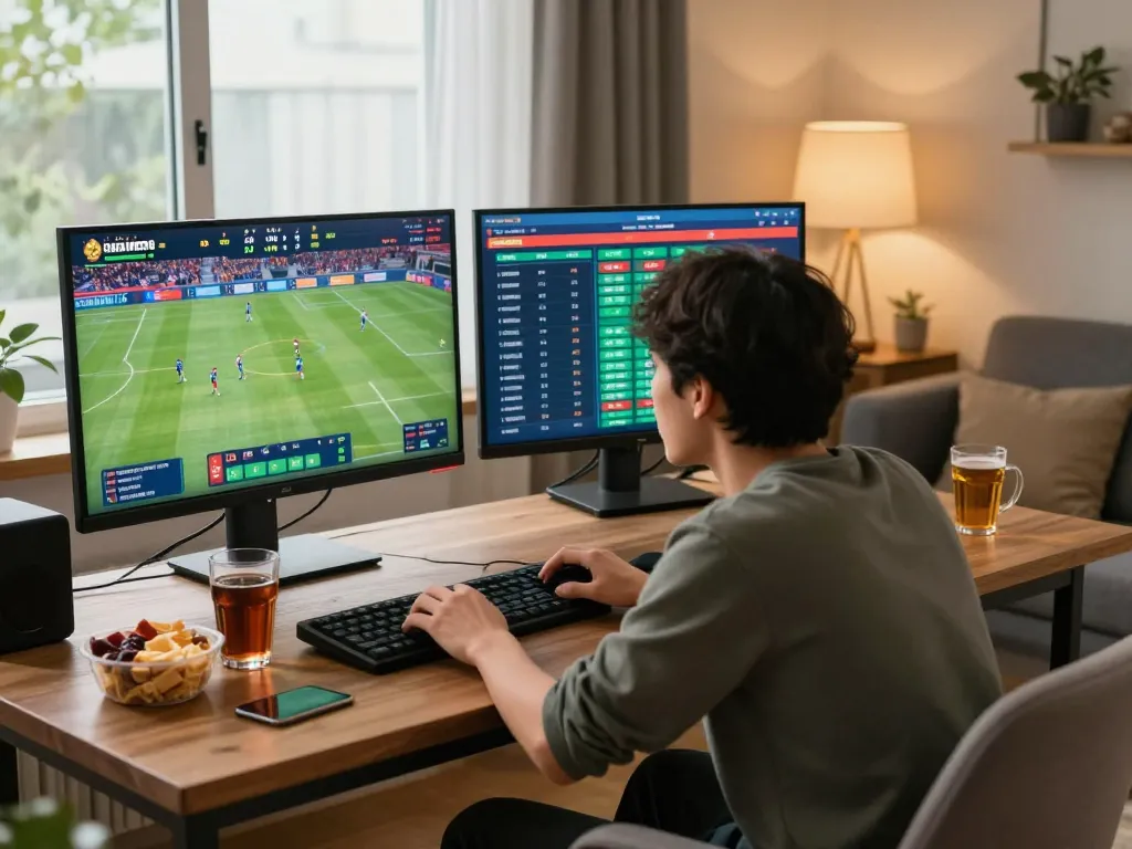 Engaging in sports betting at home, displaying site australia betting app on screen, snacks around.