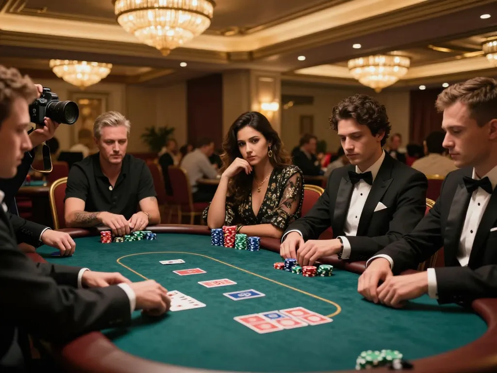 Win138 poker players strategizing their bets at a luxurious casino table.