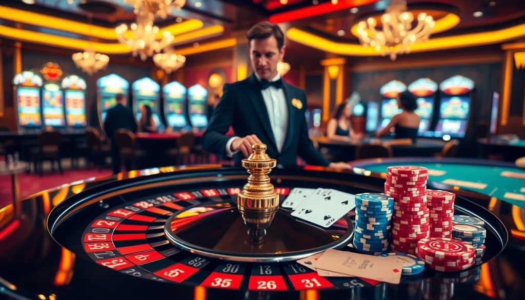 Experience the thrill of gaming at F168COM with luxury casino elements like roulette and poker chips.
