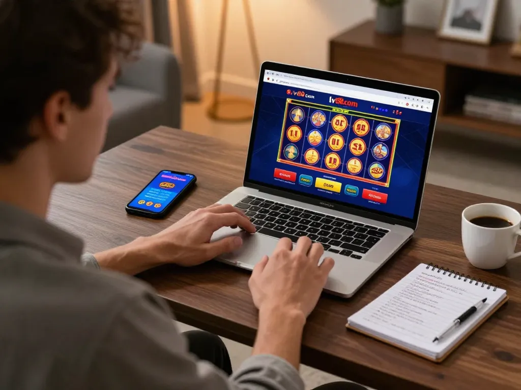 Gambler interacting with vibrant lv88 com online casino interface on laptop while tracking strategy notes in a cozy environment.