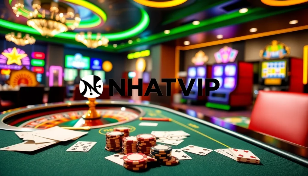 NhatVIP online gambling setup showcasing luxury poker and casino elements.