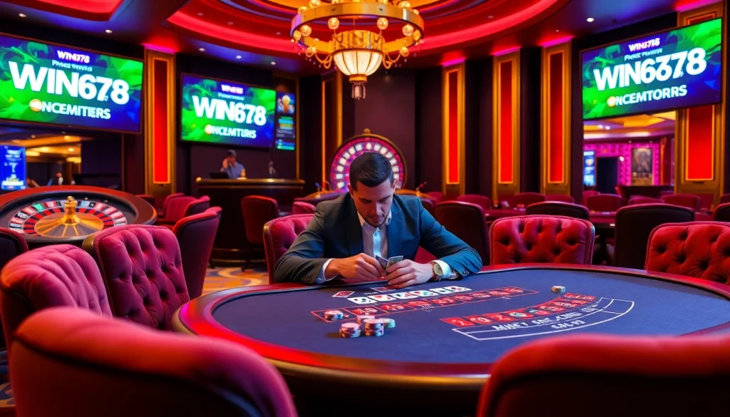 WIN678 casino scene with intense poker action and vibrant roulette wheel in luxurious setting