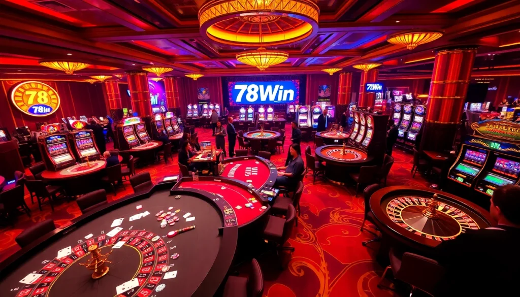 Experience the thrill of 78Win casino gaming with vibrant tables, exciting slot machines, and lively players.
