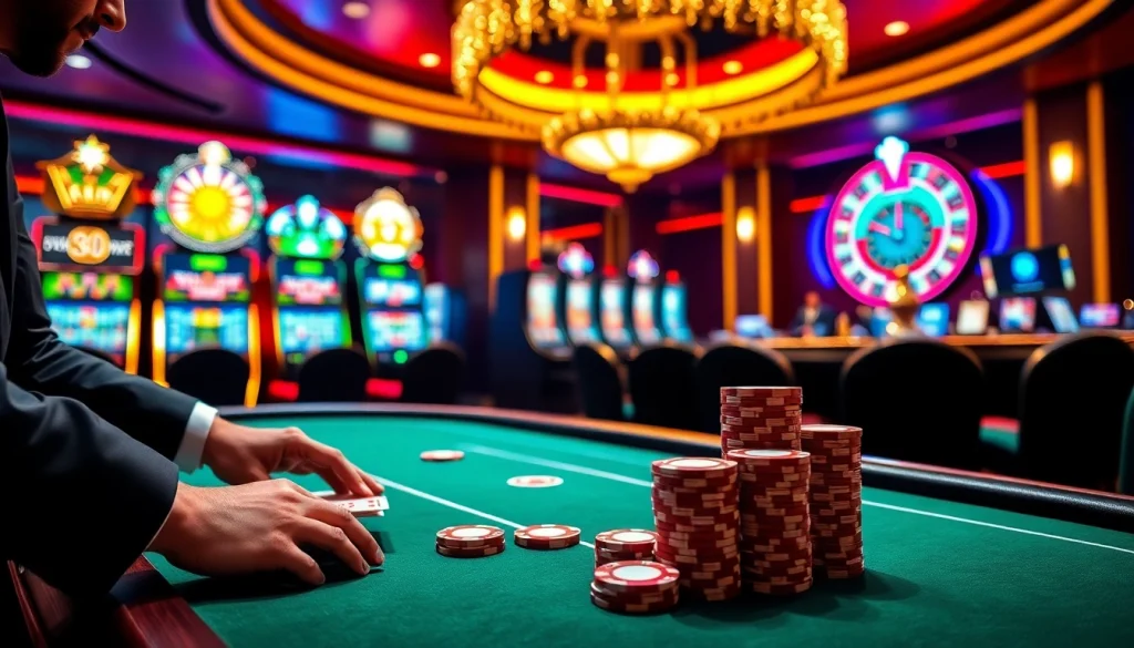 Engaging gambling scene at https://www.bdtk66.blog/ showcasing an exciting poker table and vibrant slot machines.