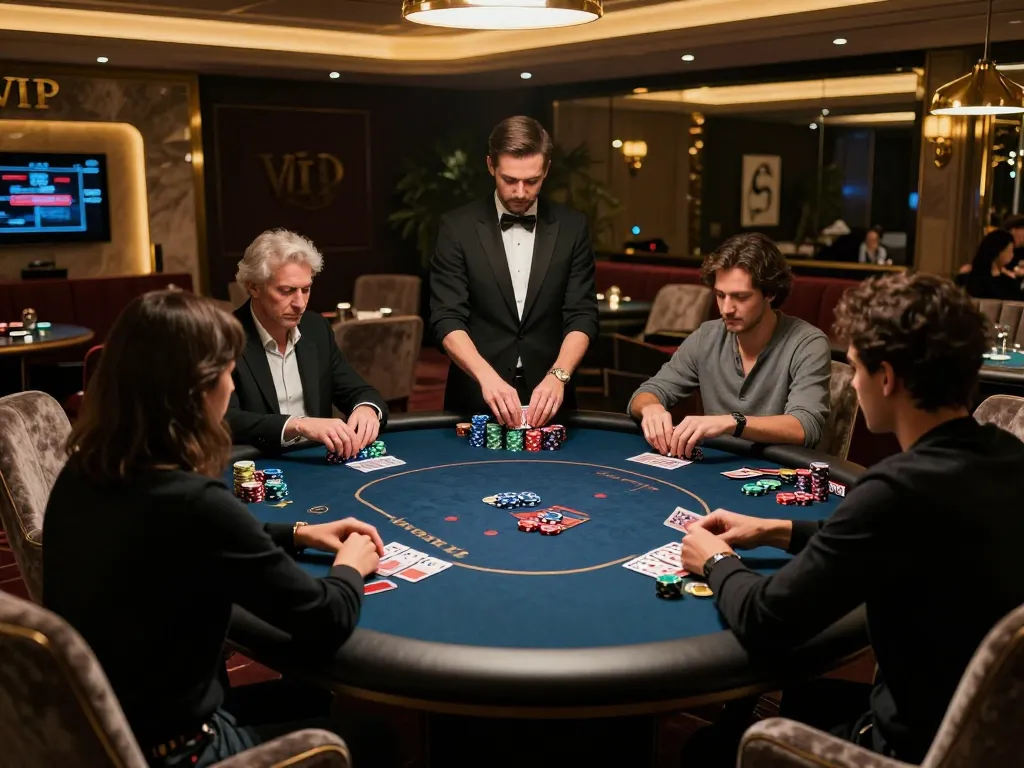 Engaged players at a vnloto vip poker table in an upscale casino, highlighting excitement and strategy in gameplay