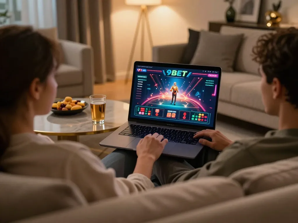 Player engaging in strategic gameplay on 9BET casino from a cozy home setup with inviting ambiance