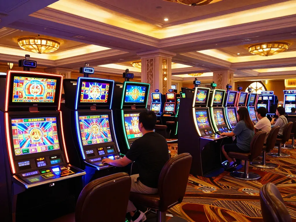 Players enjoying vibrant TX88 slot machine games in a lively casino atmosphere.