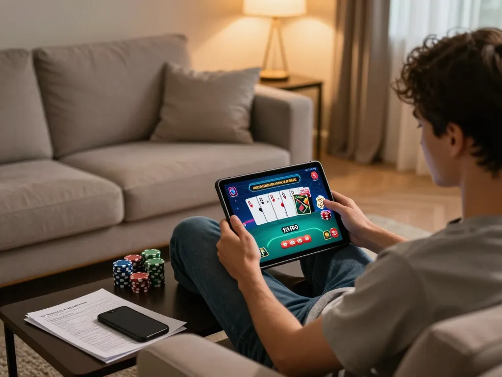 Player engaging with TR88 online poker on a cozy home setup, showcasing bankroll management strategies and comfortable gaming atmosphere.