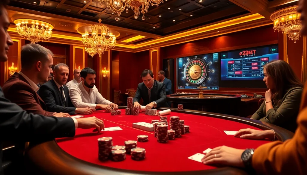 E2bet players engaged in an exciting poker game at a luxurious casino table, with vibrant atmosphere and poker chips.