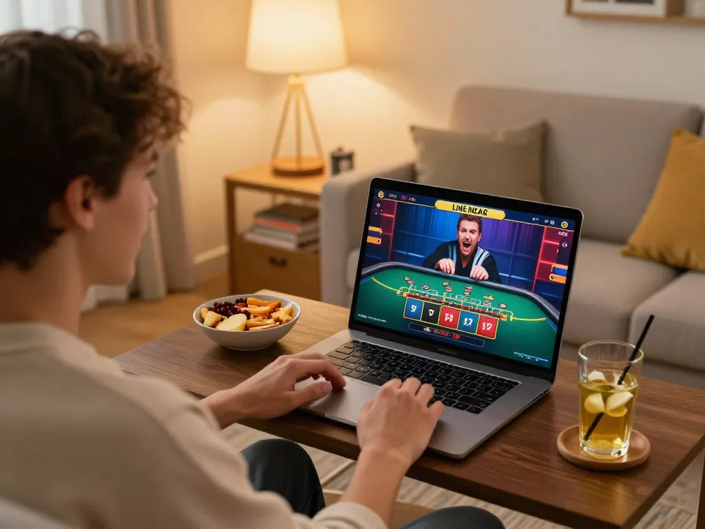 Max88 player enjoying live casino action on a laptop while managing betting strategy in a cozy home.