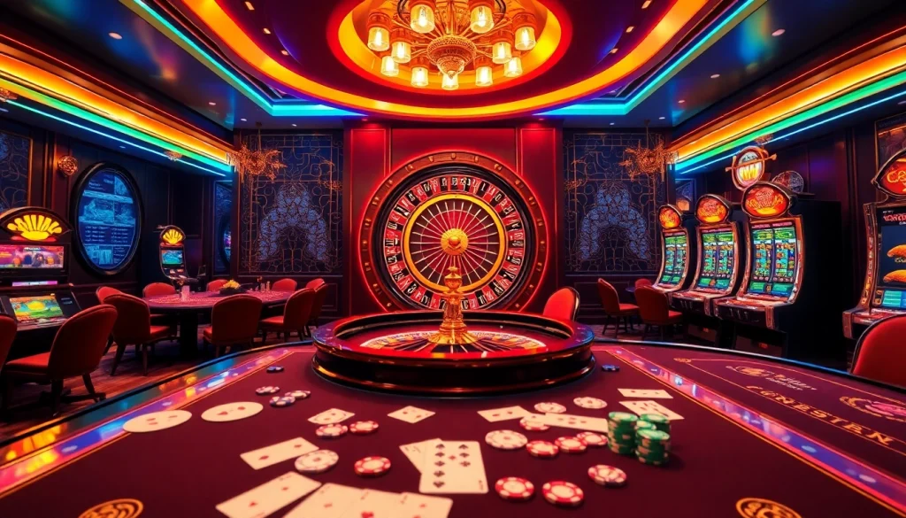 Players engage in thrilling games at the luxurious online casino https://me88.in.net/, showcasing vibrant slot machines and poker tables.
