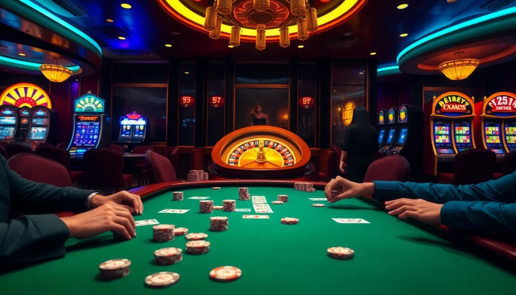 Players strategize at an XX88 poker table, surrounded by vibrant casino lights and slot machines.