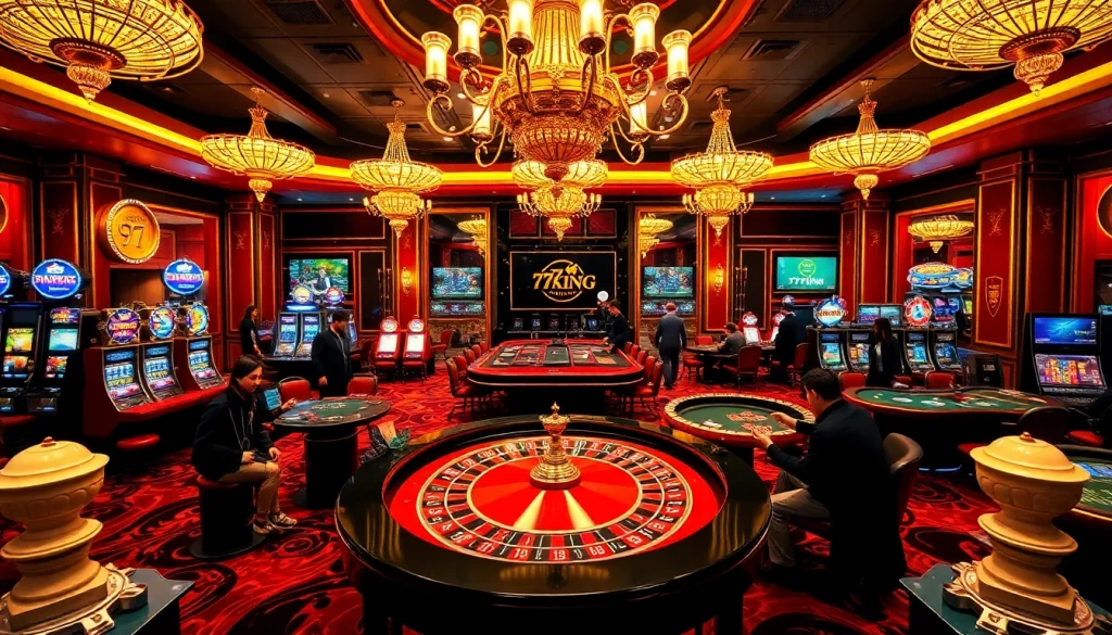 Experience thrilling gaming action at 79KING casino, featuring roulette tables and slot machines.
