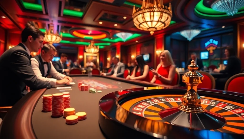 Engage in thrilling gaming action at https://sky88.tel/ featuring vibrant poker chips and a luxurious roulette wheel.