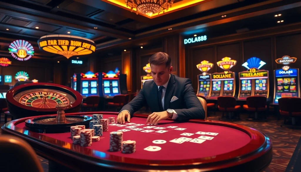 DOLA88 poker table scene depicting a vibrant casino atmosphere with chips and cards.
