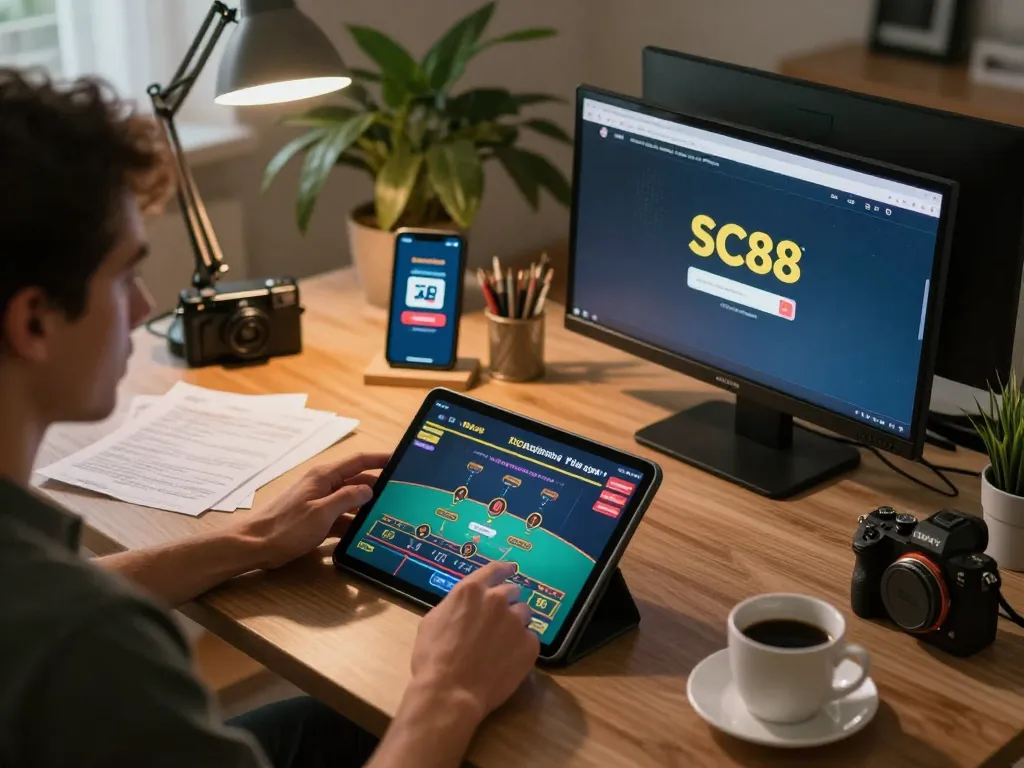 Player engaged in online gambling with SC88 link visible on tablet screen, emphasizing strategic gameplay.